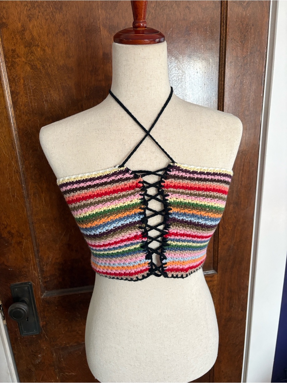 VTG Handmade Rainbow Striped Corset Crochet Lace-Up Halter Crop Top Convertible